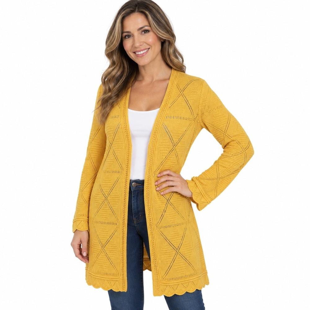 St John Sport Marie Gray Wool Rayon Pointelle Long Cardigan Sweater P Yellow